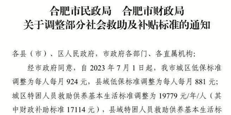 合肥市低保户一个月补贴多少钱